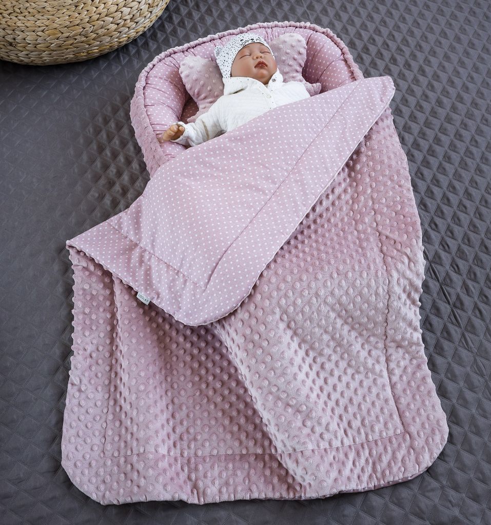 Mini PUNKTE Rosa/ MINKY ROSA Babynestchen Unterlage 3 Tlg SET Babynest Wicleklunterlage Reisebett Babydecke Babyausstattung 4 Jarhreszeiten Geschenk