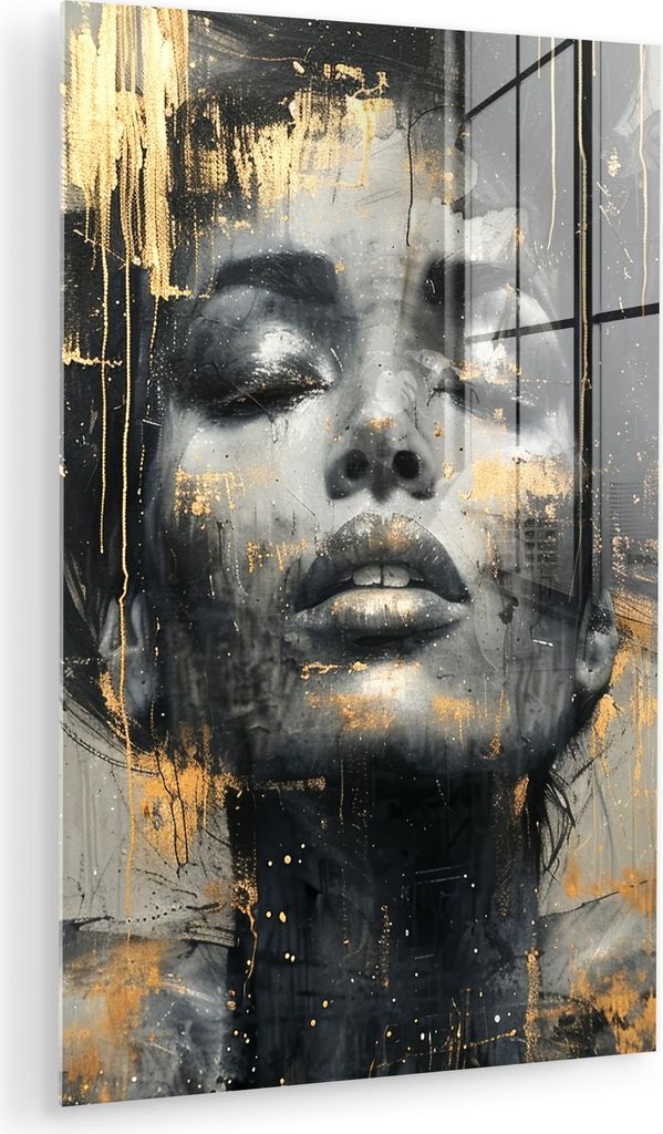 MuchoWow Glasbilder - Bilder auf Wandbild - Foto auf Glas Frau - Kunst - Gold - Abstrakt - Glamour 80x120 cm Wanddekoration aus Glas - Acrylglasbil...
