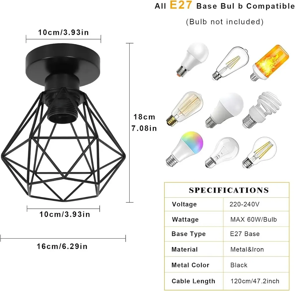 Plafonnier Apparent Noir E27 : Éclairage Robuste pour Plafond Bas 220V