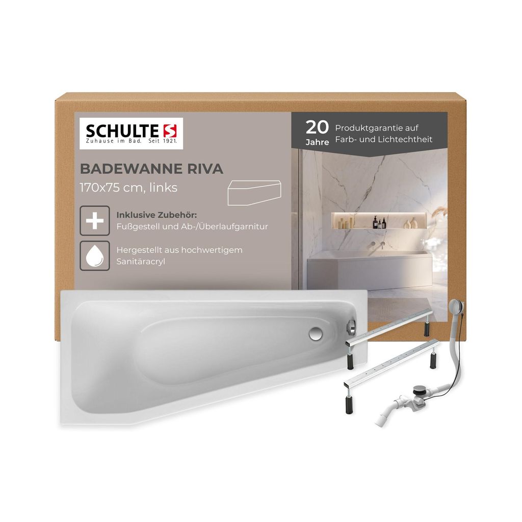 Schulte Raumsparbadewanne Modell Riva, Version links, 170x75 cm, Sanitäracryl Weiß, inkl. Fußgestell und Ab- und Überlauf