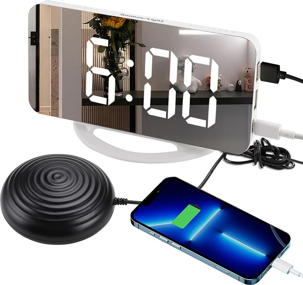 Multifunktionaler Spiegelwecker mit Vibration und LED-Anzeige, automatischem Lichtsensor, perfekt geeignet für Hörgeschädigte.