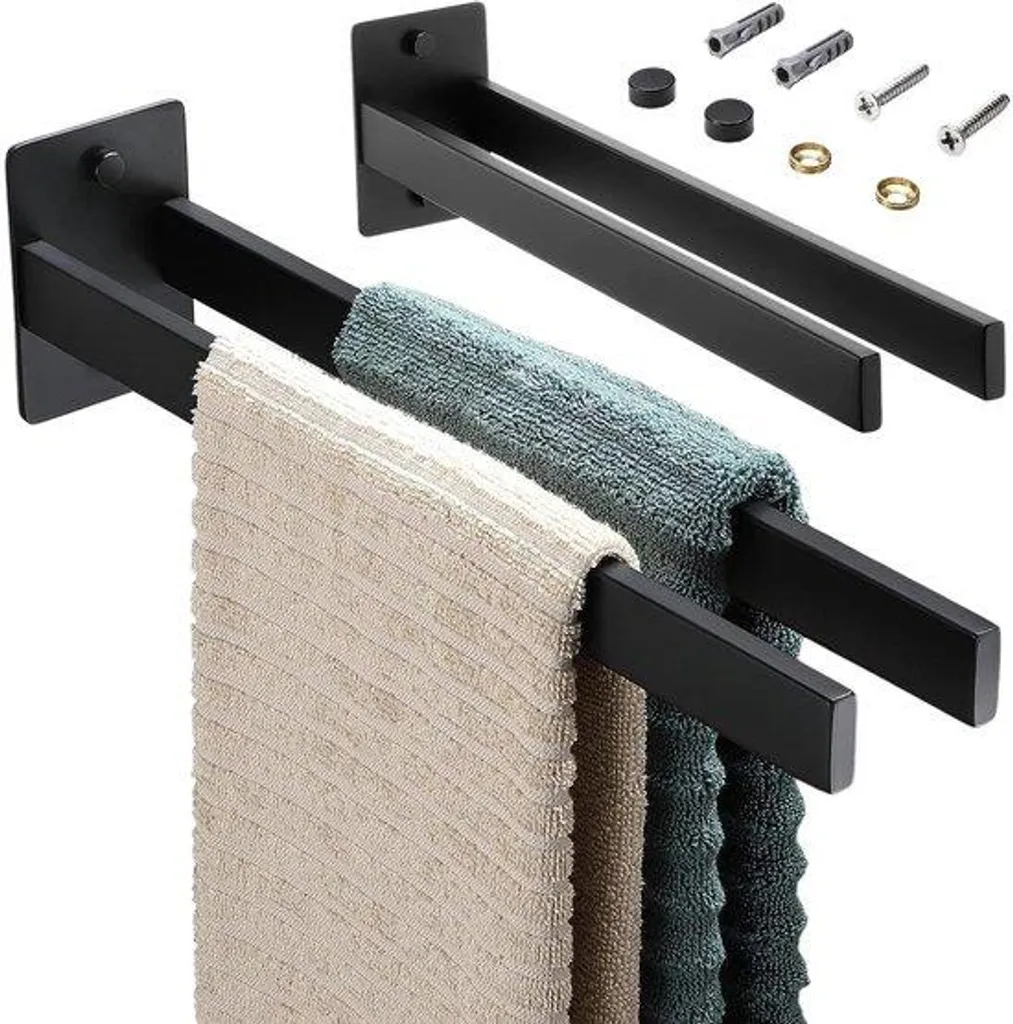 Porte-serviettes de cuisine et bain noir - Support mural carré 38 cm