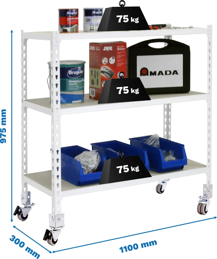 Meuble de Rangement Mobile pour Atelier et Cave Maderclick Blanc et Bois