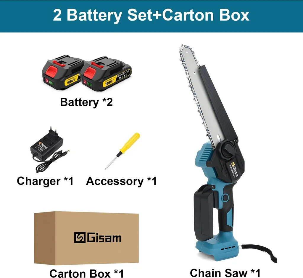 Mini-tronçonneuse 20 cm Moteur Brushless 18V avec 2 Batteries - Bleu