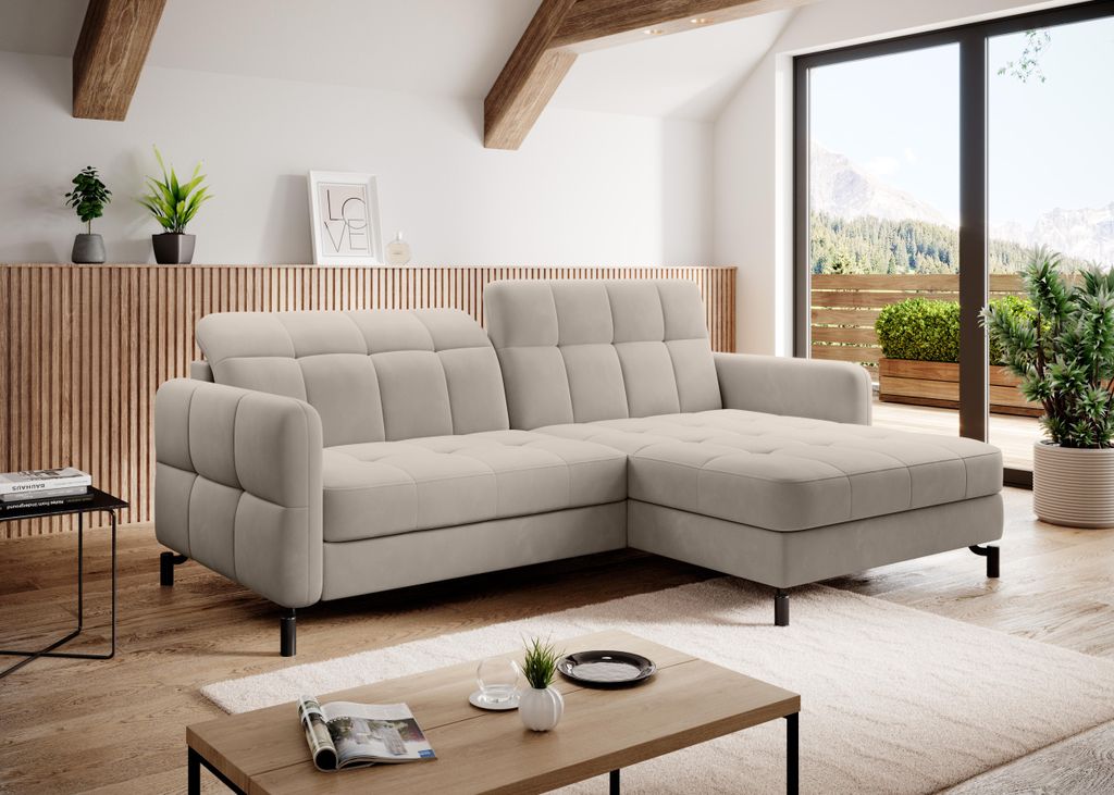 Krudox LOR Ecksofa mit Schlaffunktion Bettkasten und Kopfstützen 225 x 160 cm Beige Rechts Stahlfüße Liegefläche 200 x 110 cm Stoff Paros 02