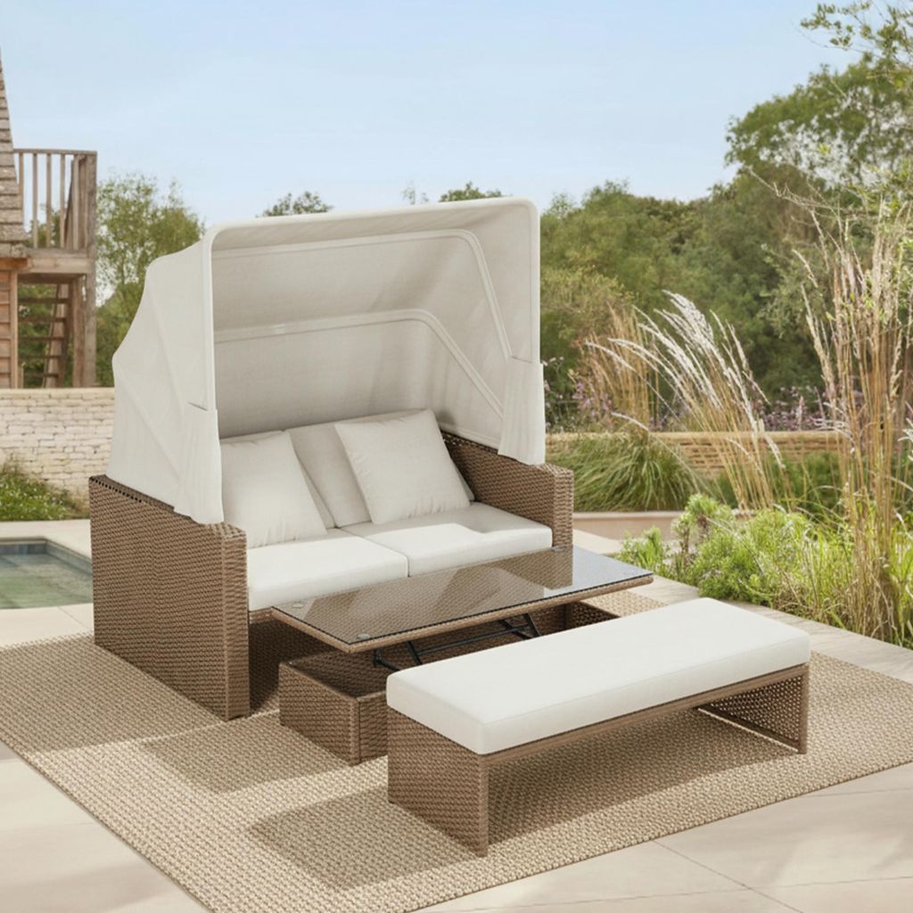 Merax polyrattan Gartenmöbel für 2-4 Personen, Gartensofa mit verstellbarem Couchtisch und abnehmbarer Markise, PE-Rattan und Schwamm, Khaki