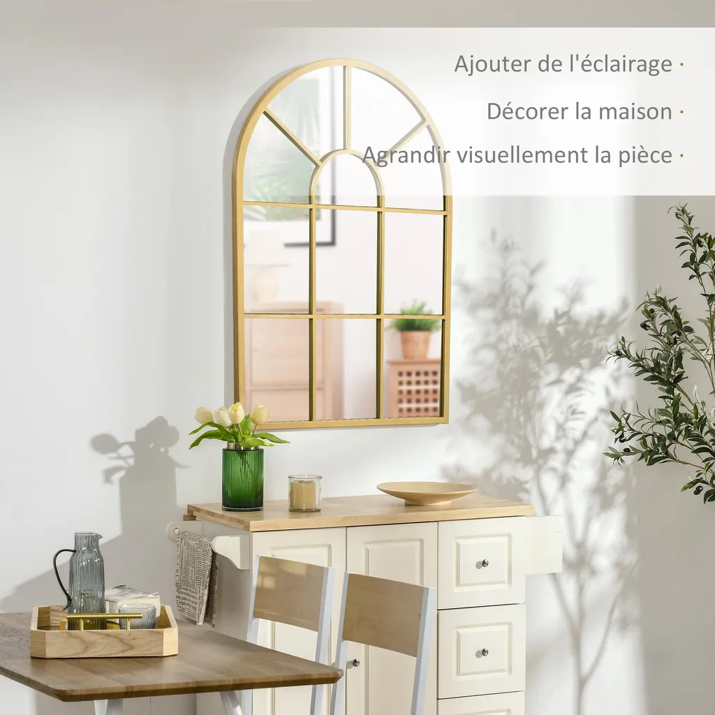 HOMCOM Miroir Mural Arqué 70x50 cm - Style Verrière Industriel Doré