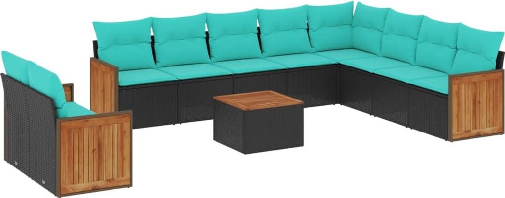 vidaXL 11-teiliges Gartensofa-Set mit Kissen, schwarzes Polyrattan
