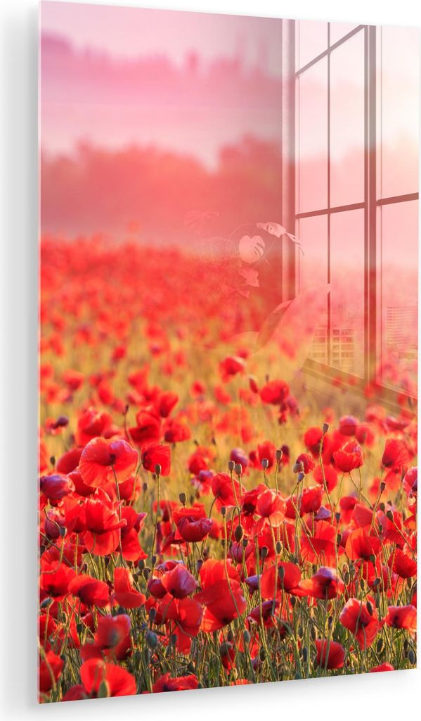 MuchoWow Glasbilder - Bilder auf Wandbild - Foto auf Glas Blumen - Mohn - Rot - Blumenfeld 80x120 cm Wanddekoration aus Glas - Acrylglasbild - Acry...