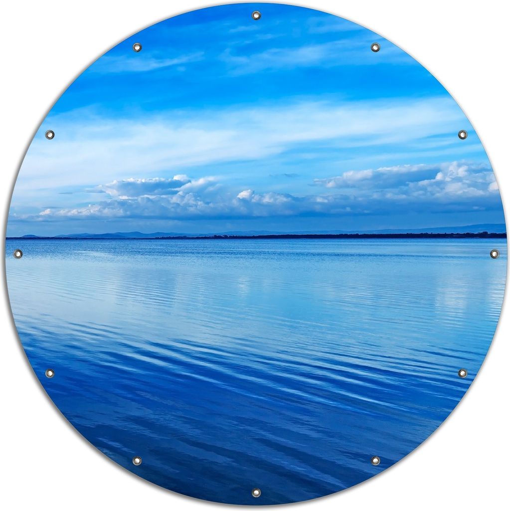 Wallario rundes Outdoor-Poster für Garten oder Balkon, Motiv Blaue Meeresbucht in Italien mit Spiegelung im Wasser, 120 cm Durchmesser