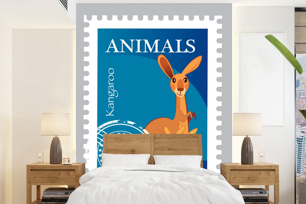 MuchoWow Fototapete für Wohnzimmer oder Schlafzimmer Wandtapete Vinyl Motivtapete Kängurus - Stempel - Grau - 175x240 cm - Schlafzimmertapete