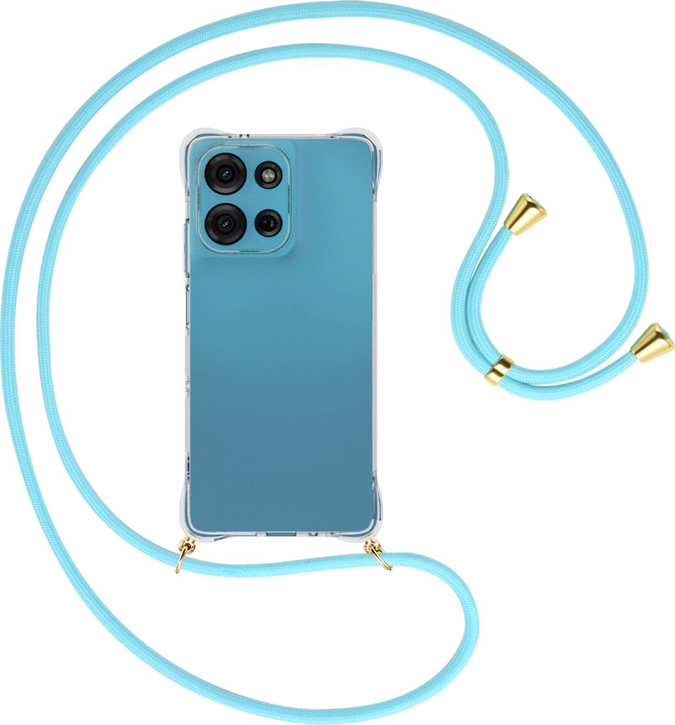 Handykette Backcover-Schutzhülle mit Band (Metall goldfarben) für Motorola Moto G75 5G - himmelblau