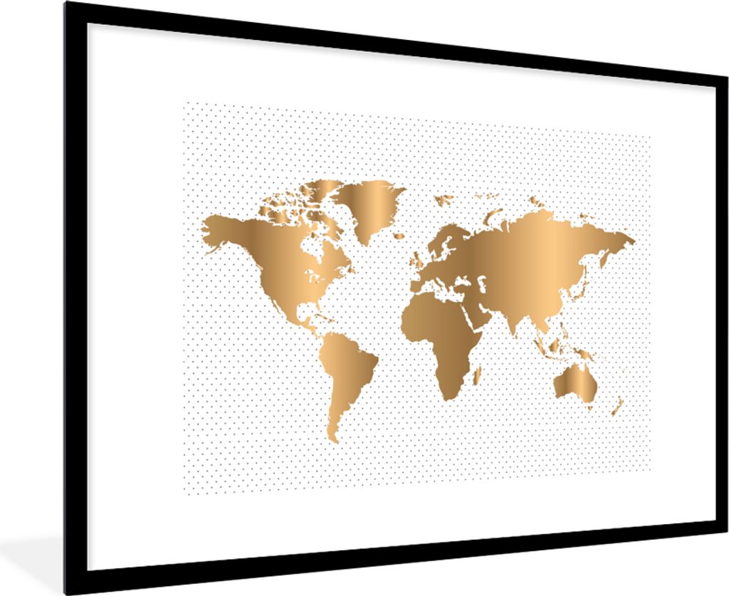MuchoWow Gerahmtes Poster Weltkarte - Gold - Pünktchen - Kinder - Jungen - Mädchen 90x60 cm - Poster mit Schwarzem Bilderrahmen Wandposter Rahm...