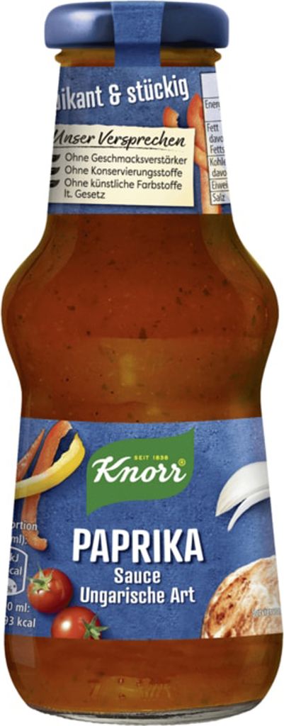 A bottle of Knorr Paprika Sauce, Hungarian Style, is shown against a white background.