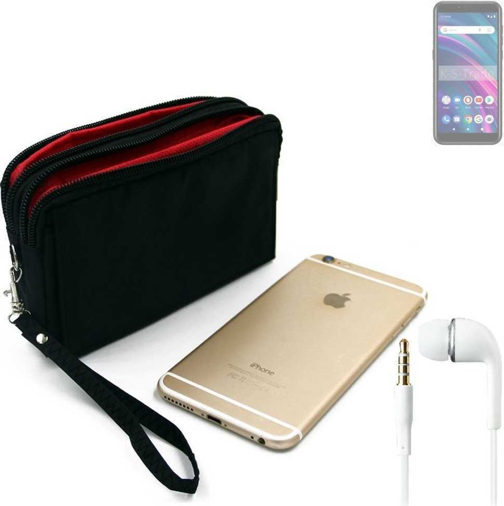 TOP SET kompatibel mit BLU C5 Max Handy Hülle Gürteltasche schwarz + Kopfhörer Travel Bag Travel-Case mit Diebstahlschutz praktische Schutz Hülle