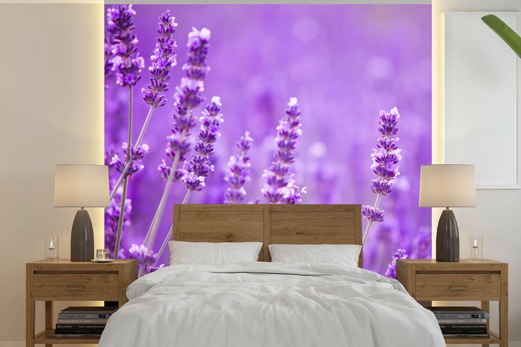 MuchoWow Fototapete für Wohnzimmer oder Schlafzimmer Wandtapete Vinyl Motivtapete Lavendel - Nahaufnahme - Blumen - Lila - 300x300 cm - Wanddeko...
