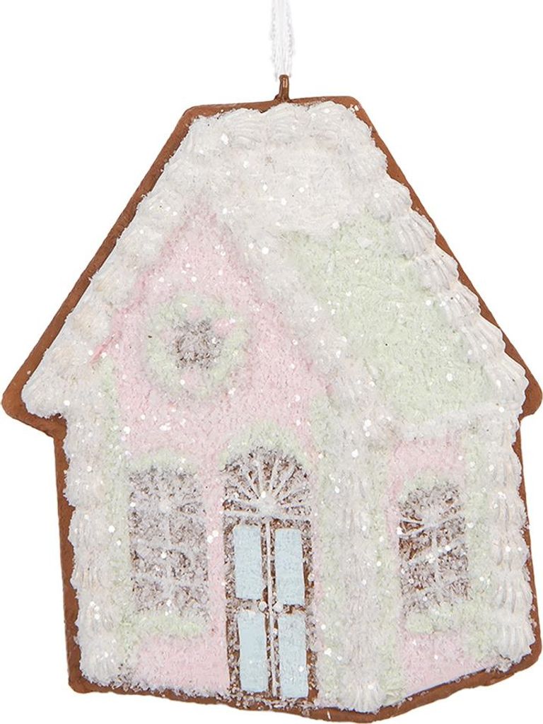 Clayre & Eef Weihnachtsanhänger Lebkuchenhaus 9x1x10 cm Rosa Kunststoff