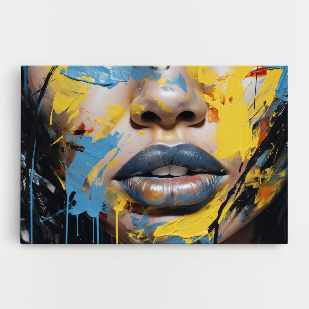 ARTHUB Leinwandbild 80x120 cm, Yellow Blue Lips Art | Wohnzimmerdekoration, Hängende Bilder, Wanddekoration, Heimdekoration, Frauen, Lippen