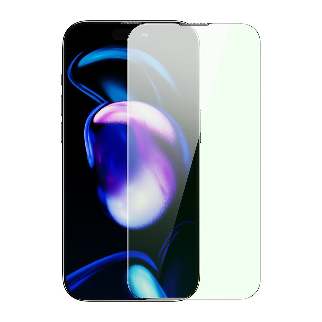 Baseus Vollbild-Hartglas für iPhone 14 Pro mit Anti-Blaulichtfilter und 0,3-mm-Lautsprecherabdeckung + Montagerahmen
