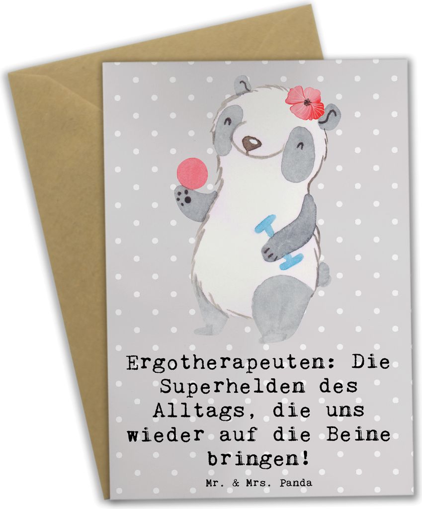 Mr. & Mrs. Panda Glückwunschkarte Ergotherapeutin Superhelden - Grau Pastell - Geschenk, Beruf, Selbständigkeit, Berufsliebe, Rehabilitation, Ber...