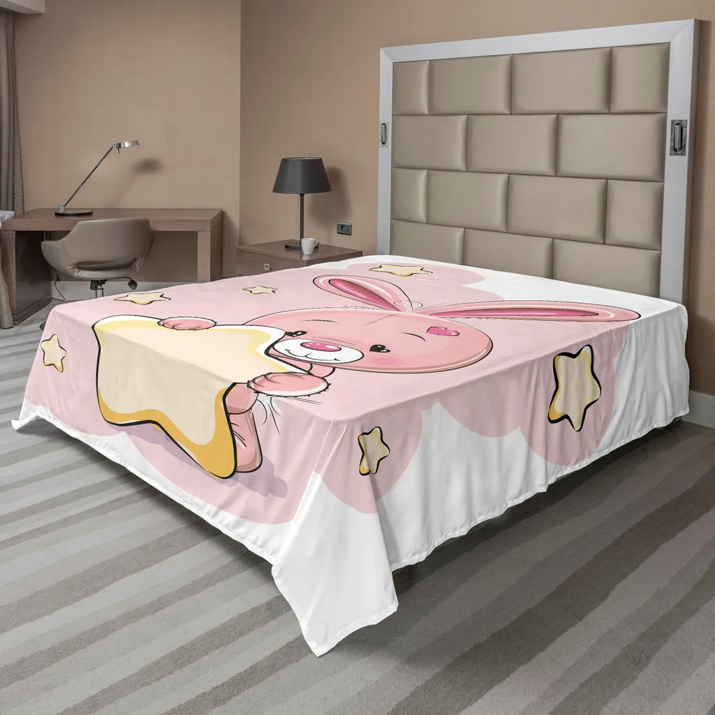 Drap de Lit Enfant Anti-Pli Doux Motif Lapin Artistique 260x228 cm Rose