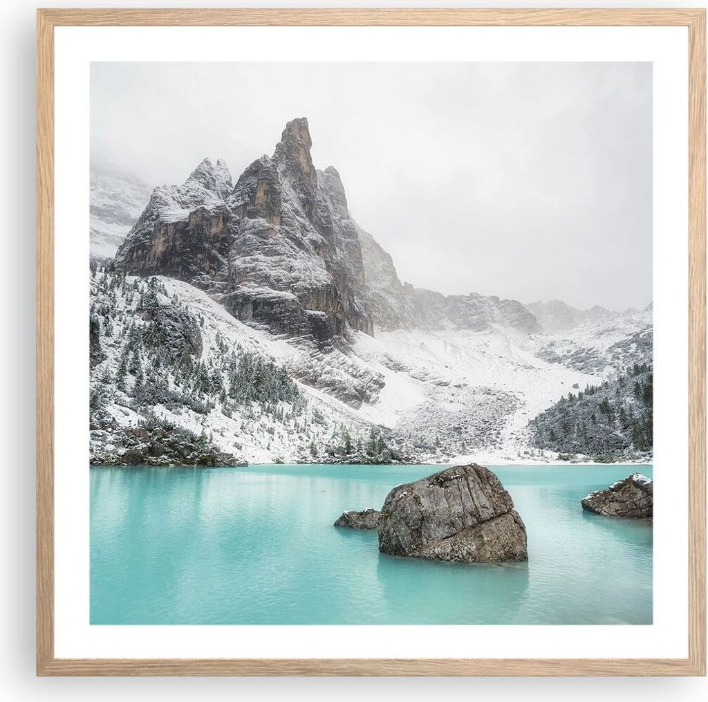 Gerahmtes Poster - Rahmen in heller Eiche - Berge See Schnee - 60x60 cm - Wand Bild - Wanddeko - Wandbilder - Kunstposter - Wandposter - Bilderrahm...