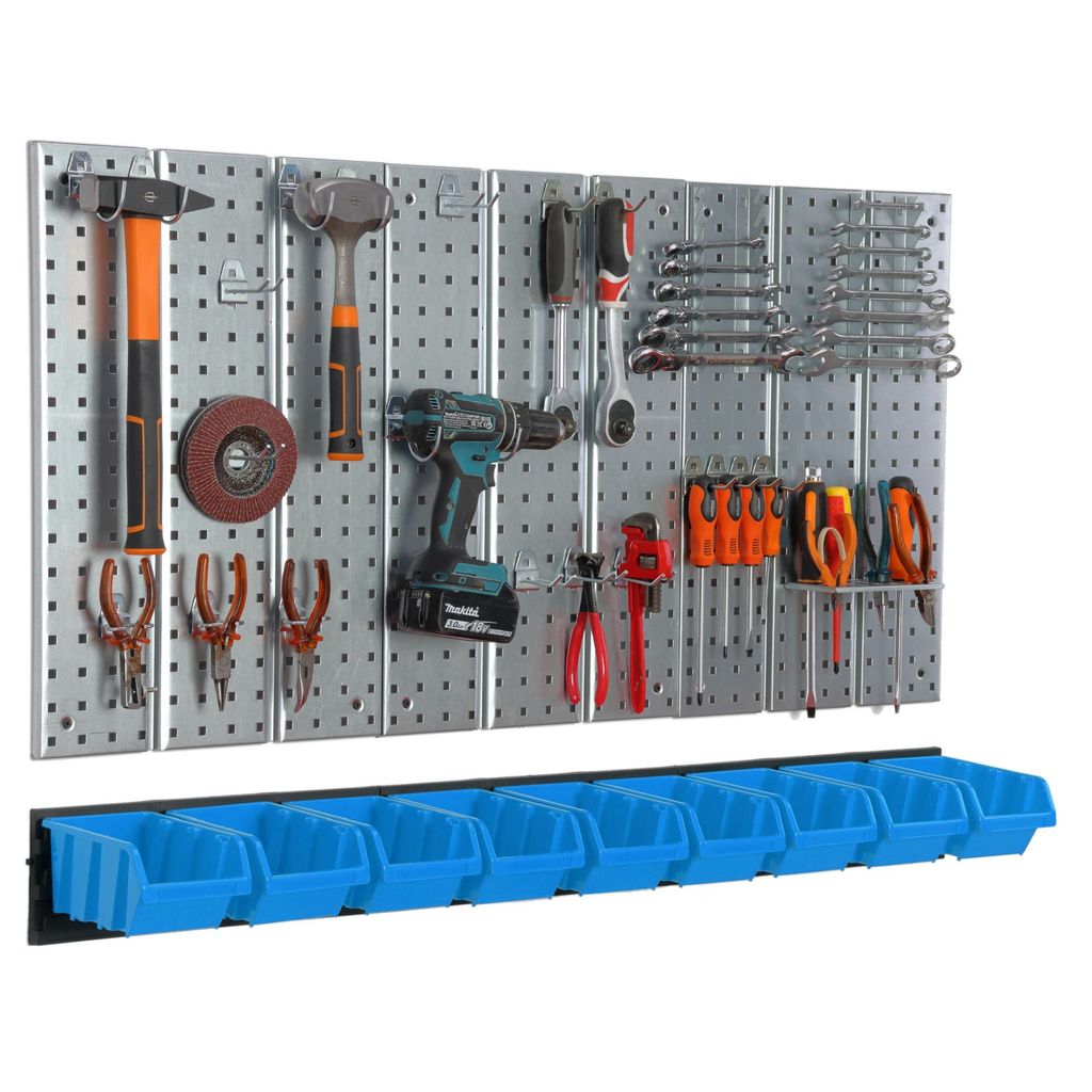 Werkzeugwand 117x72cm Metall Lagersystem mit Werkzeughaltern Werkzeughaken und 9 Stapelboxen blau Garage Steckbrett Elektrowerkzeuge Lochwand