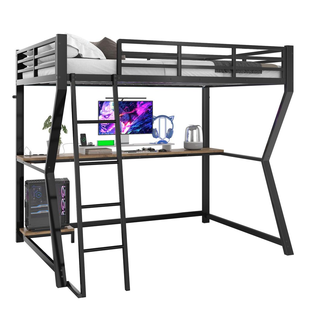 Hochbett mit Schreibtisch und LED-Beleuchtung, 90x200 cm, Kinderbett mit Rausfallschutz, Metallbett
