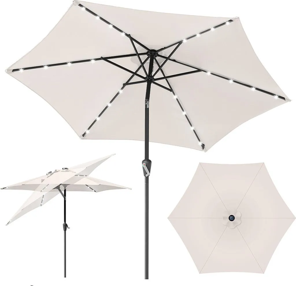 Izrielar Ombrellone da 2,7 m UV50+ inclinabile Protezione solare Ombrellone da giardino Ombrellone da spiaggia LED solare, pieghevole, telo con rivestimento PA, beige
