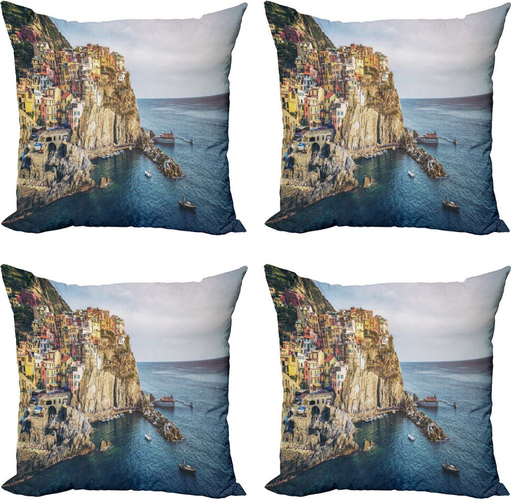 ABAKUHAUS Vernazza Kissenbezug Set (4 Stück), Manarola Village Panorama, Moderner Doppelseitiger Digitaldruck, 40 cm x 40 cm, Mehrfarbig