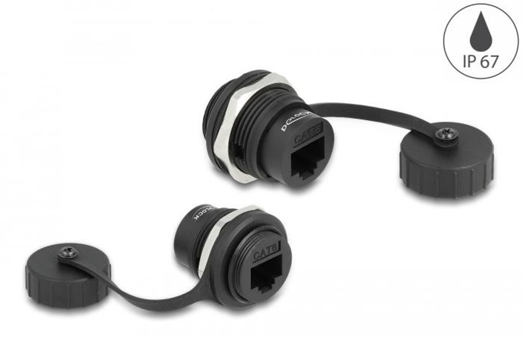 Delock RJ45 Cat.6 Einbaubuchse mit Verschlusskappe IP67 staub- und wasserdicht
