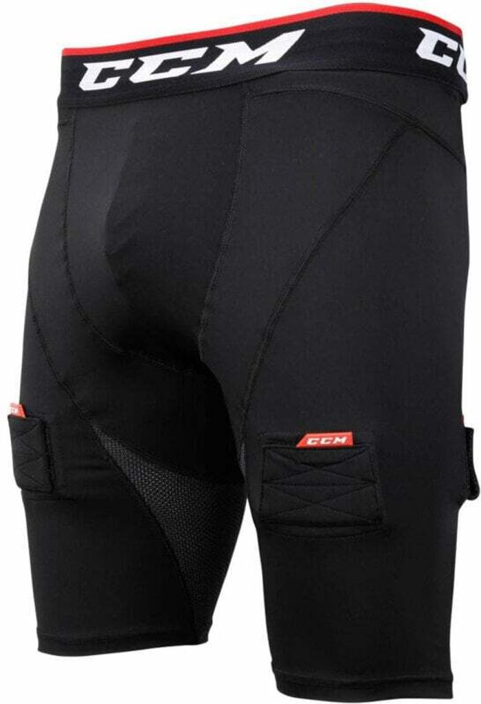 A close-up rear view of black compression shorts with a red and white waistband.