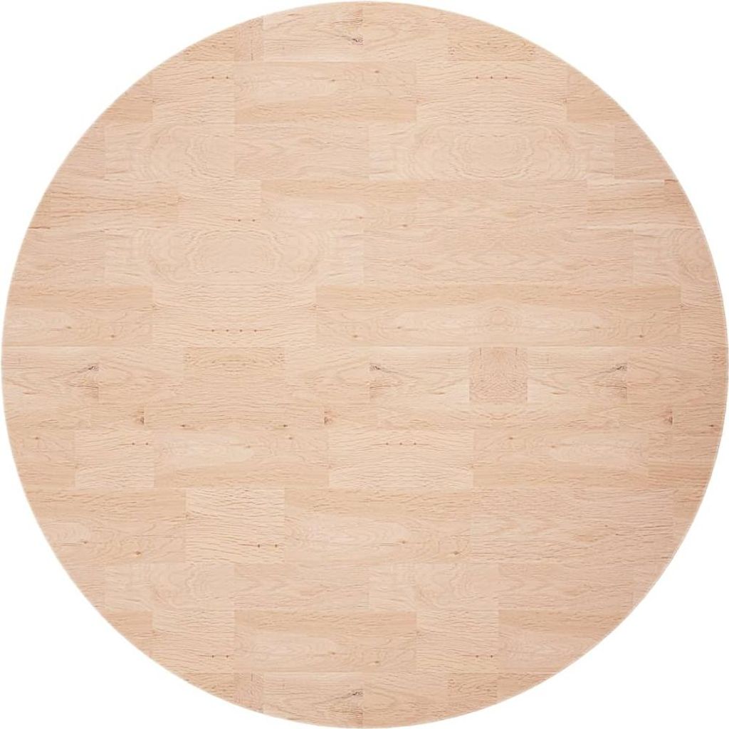 A round tabletop made of light-colored wood planks.