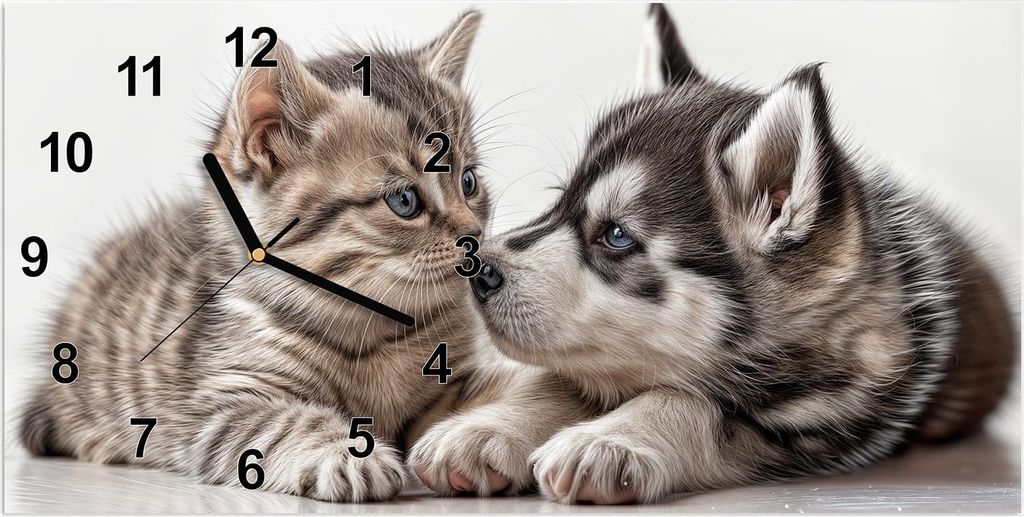 Wanduhr aus Glas mit Motiv Kätzchen und Welpe- 60 x 30 cm - inkl. Aufhängesystem