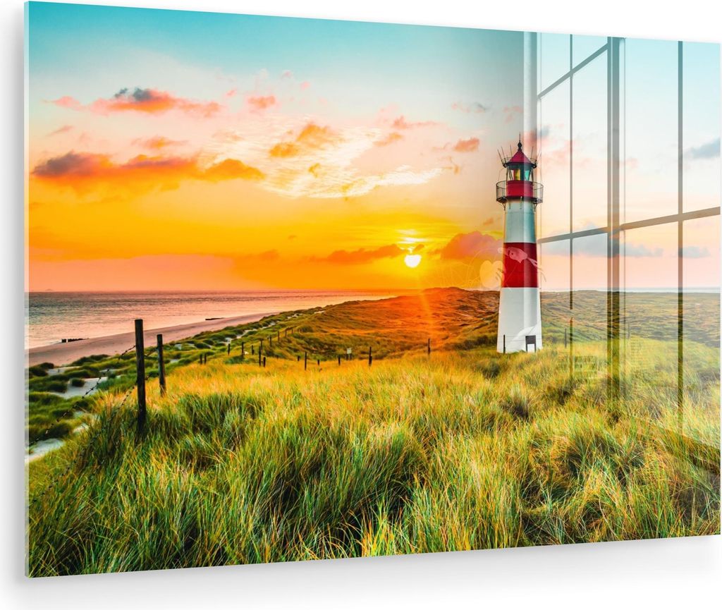 MuchoWow Glasbilder - Bilder auf Wandbild - Foto auf Glas Leuchtturm - Natur - Sonne - Landschaft - Strand - Meer 120x80 cm Wanddekoration aus Glas...