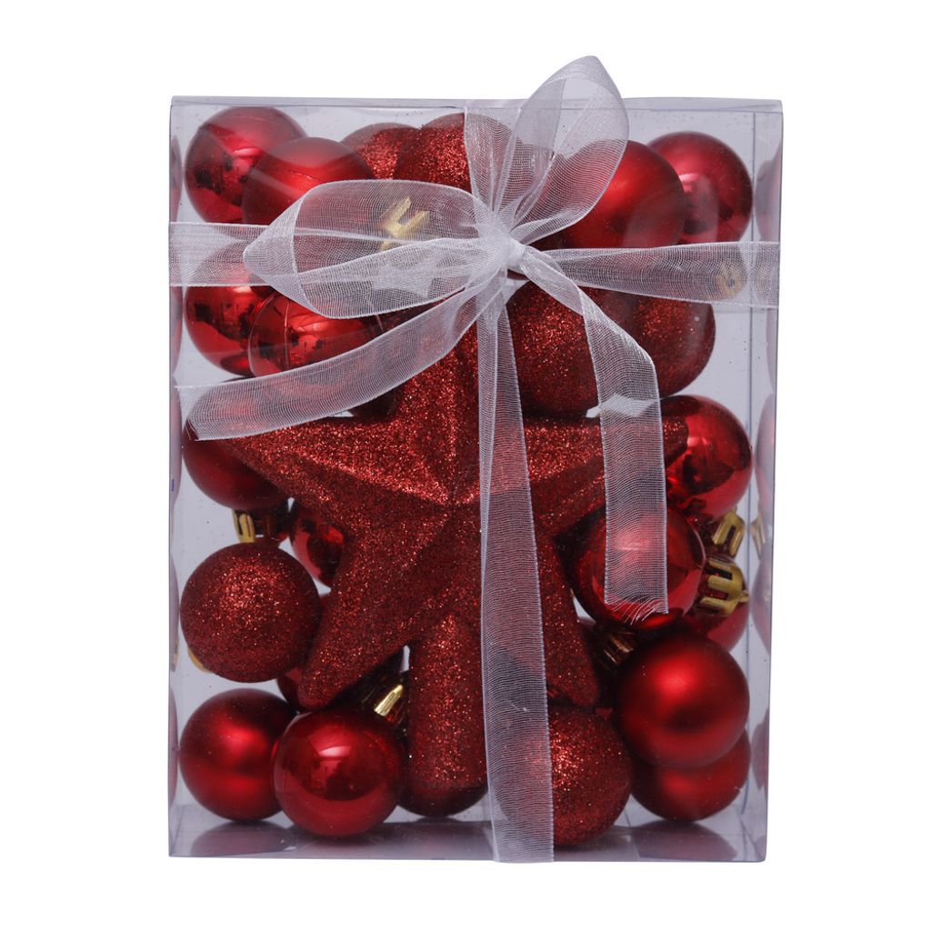 Dekorationsset, 29 Kugeln (3 cm Durchmesser), 1 Glitzerspieß, rot