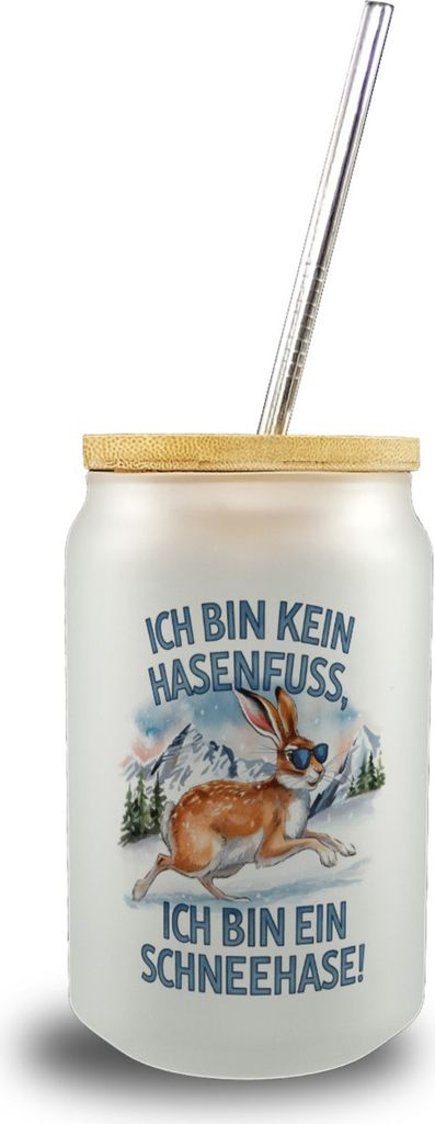 Alpenschneehase mit Sonnenbrille Trinkglas mit Bambusdeckel Kein Hasenfuss,