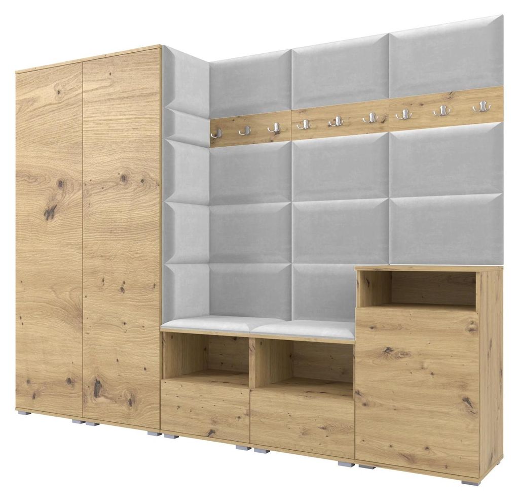Garderobe NELA VIII 250 cm Modulare Flurmöbel Artisan Eiche mit Sitzpolster Hellgrau 32 (2 Schränke + Sideboard)