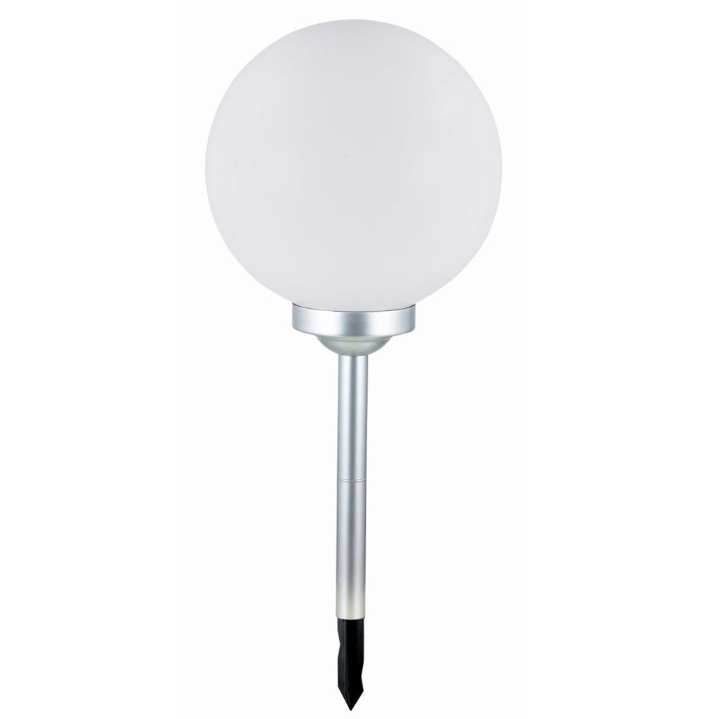 A white globe-shaped garden light with a silver stake.