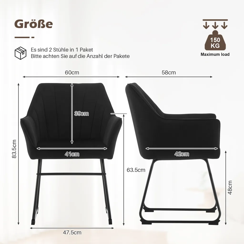Lot de 2 Chaises de Table pour Salle à Manger et Cuisine en Tissu Noir