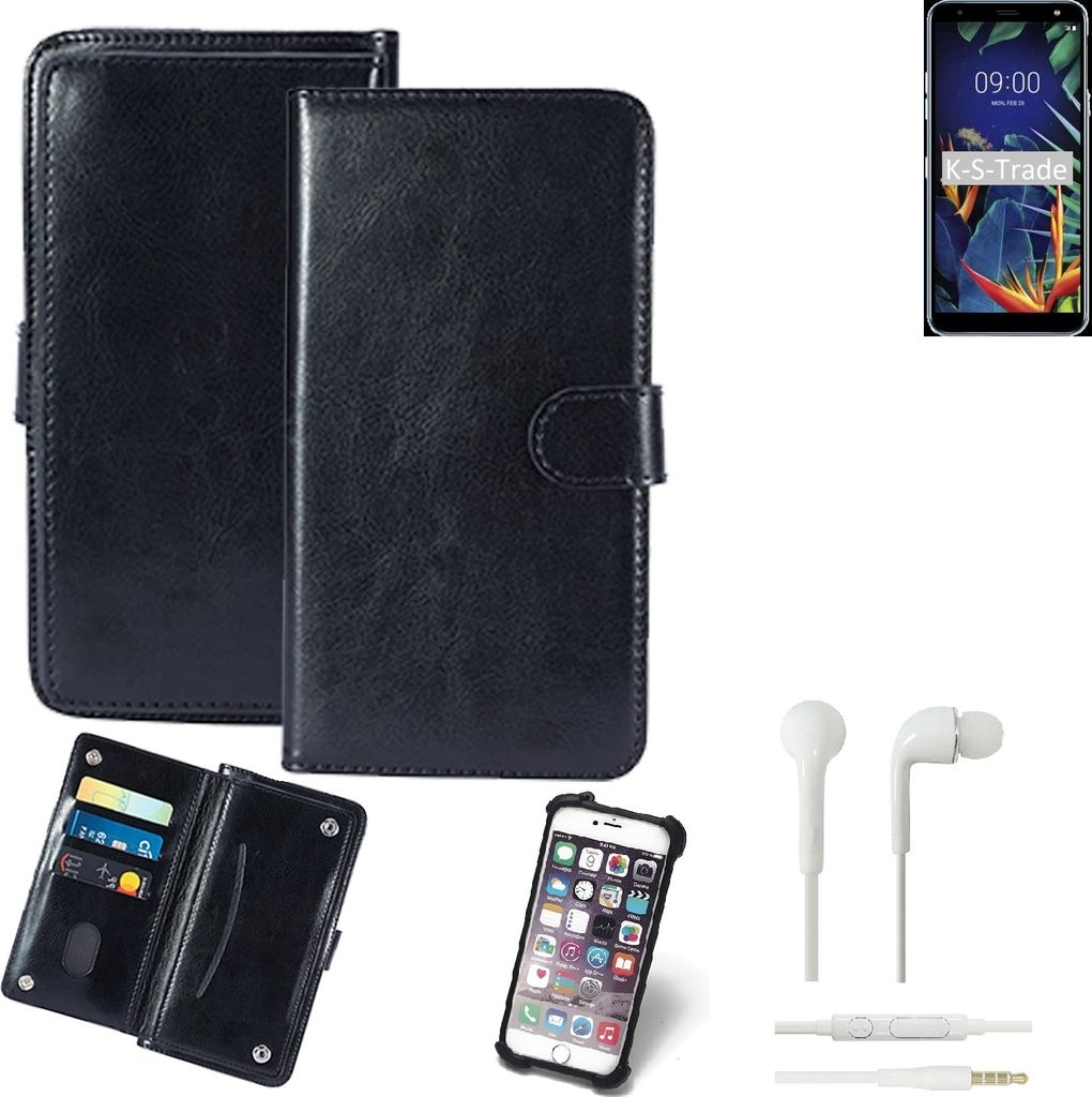 K-S-Trade 360° Hülle kompatibel mit LG Electronics K40 inkl. Headphones schwarz Kunstleder Case BookCase WalletCase Kunstlederederhülle
