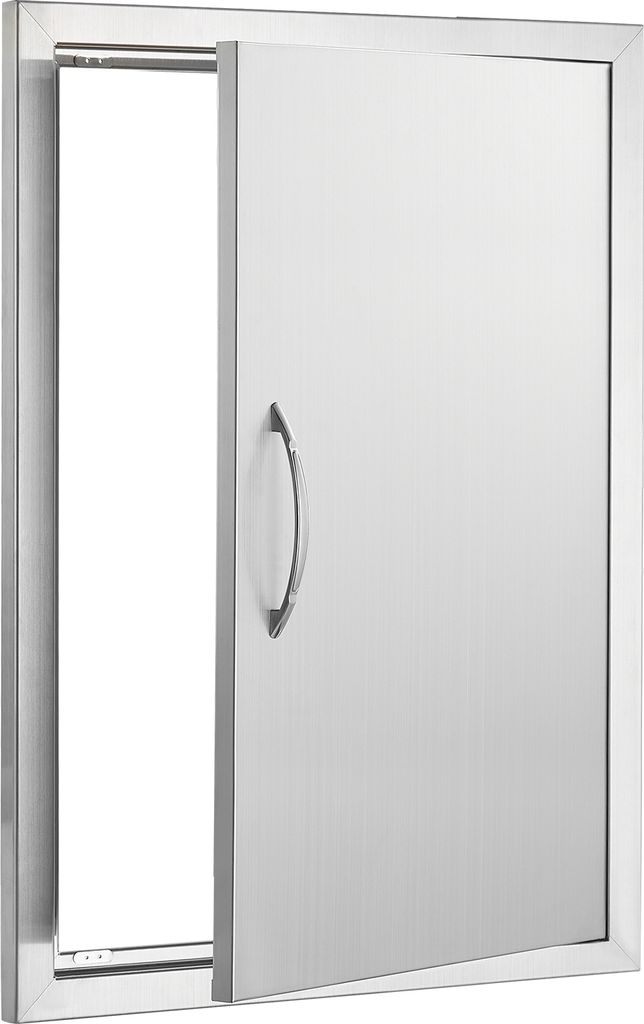 A stainless steel outdoor kitchen access door, partially open, against a white background.