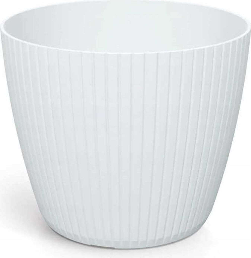 A white, ribbed plastic plant pot is shown against a white background.