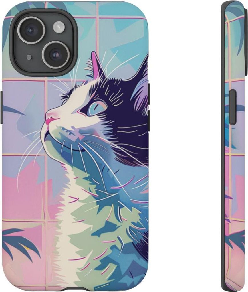 Bunte Katze mit tropischen Blättern – Hülle Kompatibel mit iPhone 15