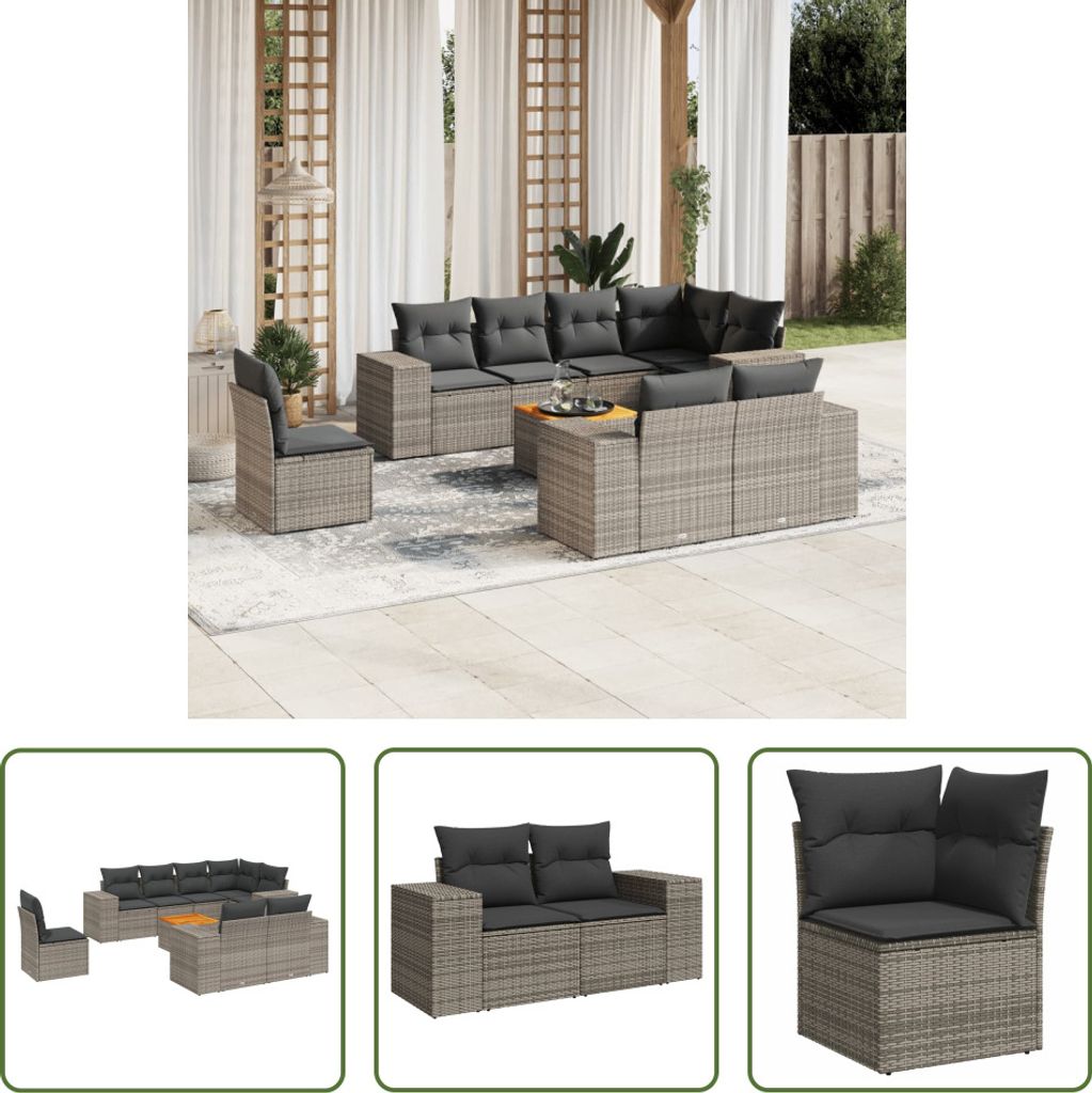 The Living Store 9-tlg. Garten-Sofagarnitur mit Kissen Grau Poly Rattan