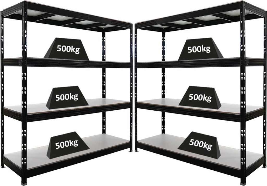 Mega Deal | 2x Profi Schwerlastregal Rhino | HxBxT 200x200x60cm | 4 Melamin-Ebenen 16mm | Fachlast 500kg | Schwarz
