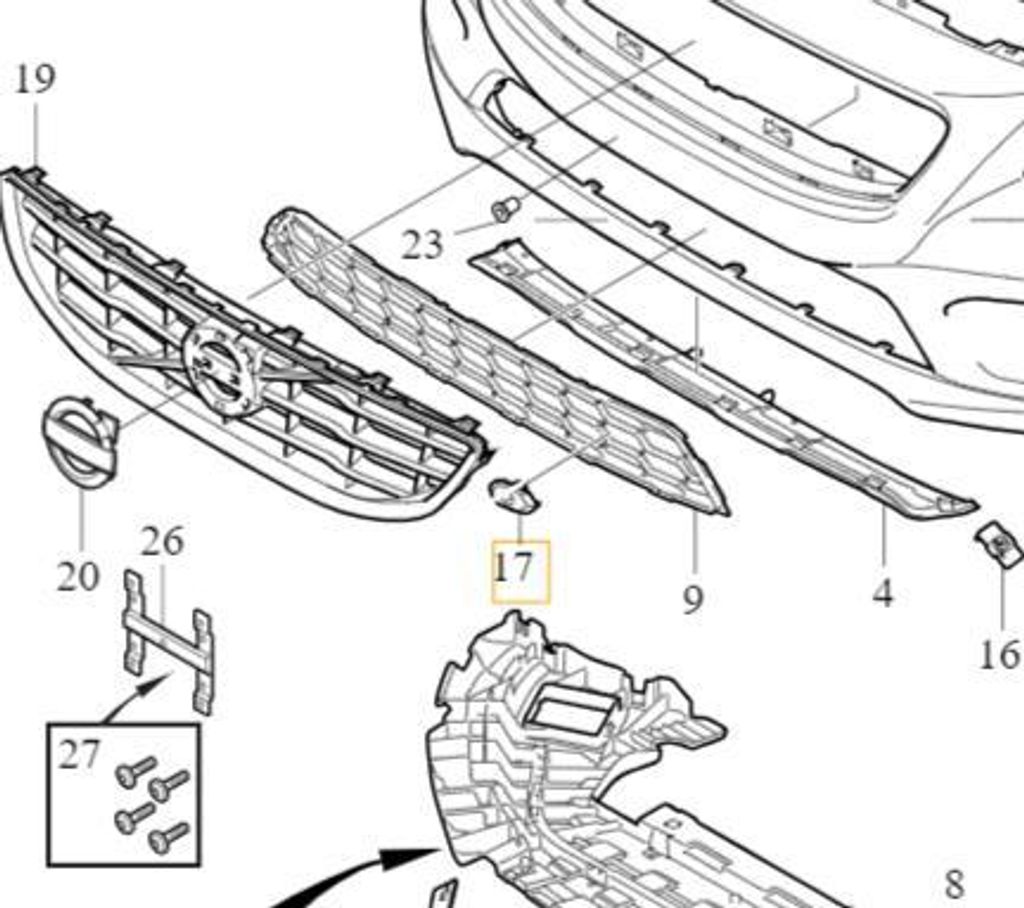 VOLVO V40CC rechter Griff vorderer Parksensorkorb im OE-Kühlergrill