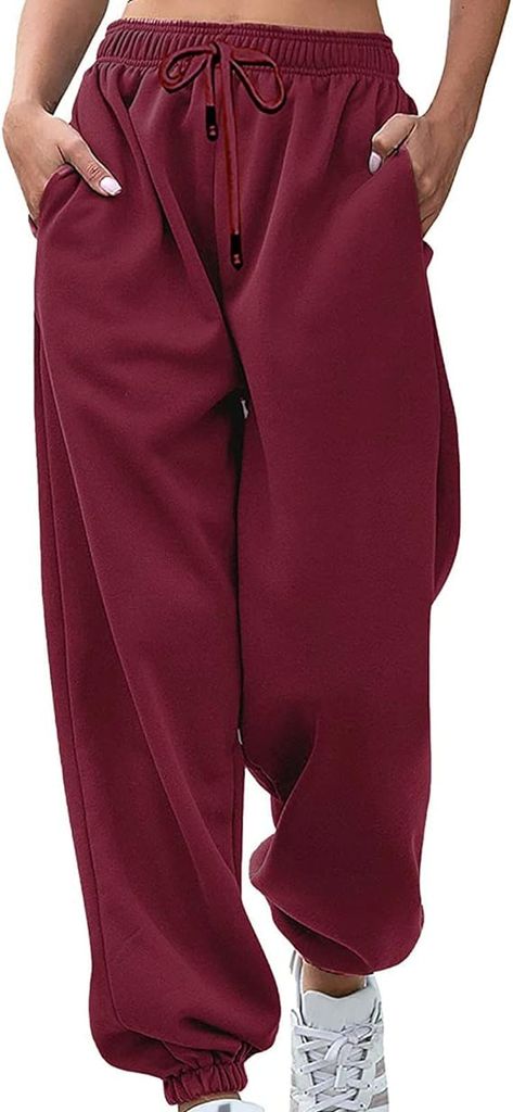 Damen Freizeit-Sweathose mit Kordelzug, Weite Jogginghose, Weiche Bequeme Hosen mit Taschen und elastischen Bündchen, Rotwein, XL
