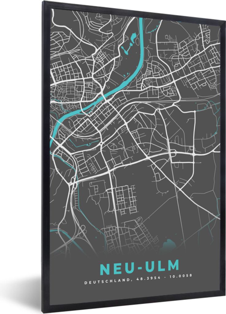MuchoWow Gerahmtes Poster Stadtplan - Neu Ulm- Blau - Stadtplan - Deutschland 40x60 cm - Poster mit Schwarzem Bilderrahmen Wandposter Rahmen Foto...