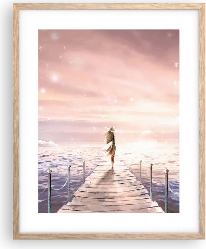 Gerahmtes Poster - Rahmen in heller Eiche - Brücke Frau die Sterne - 40x50 cm - Wand Bild - Wanddeko - Wandbilder - Wandposter - Bilderrahmen - Bi...